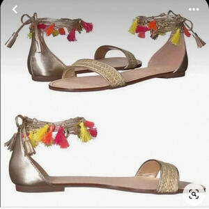 Lilly Pulitzer Womens 7 Willa Lace Up Sandals Raffia Gold Leather Tassels Flat